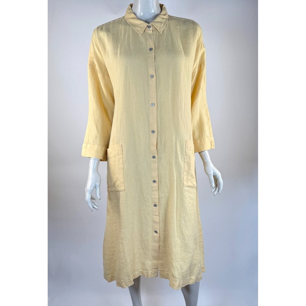 J Jill Pure Linen Shirt Dress Women L EUC Pockets Button-up 3/4 Sleeve Collared